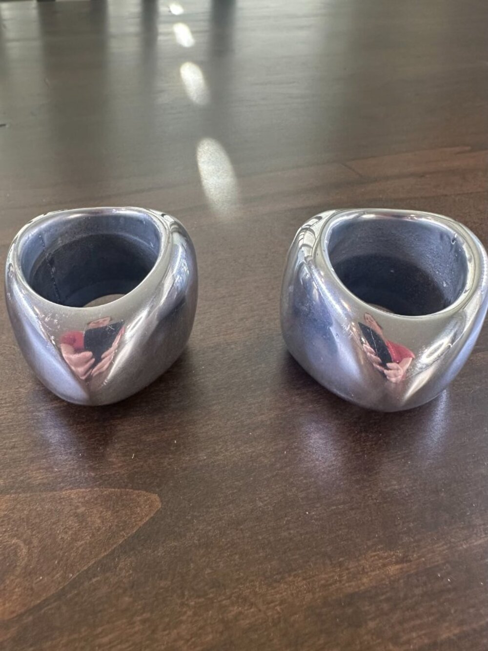Vintage Pair of Nambé W52 Triangle 1983 Napkin Rings designed by Donald Wright